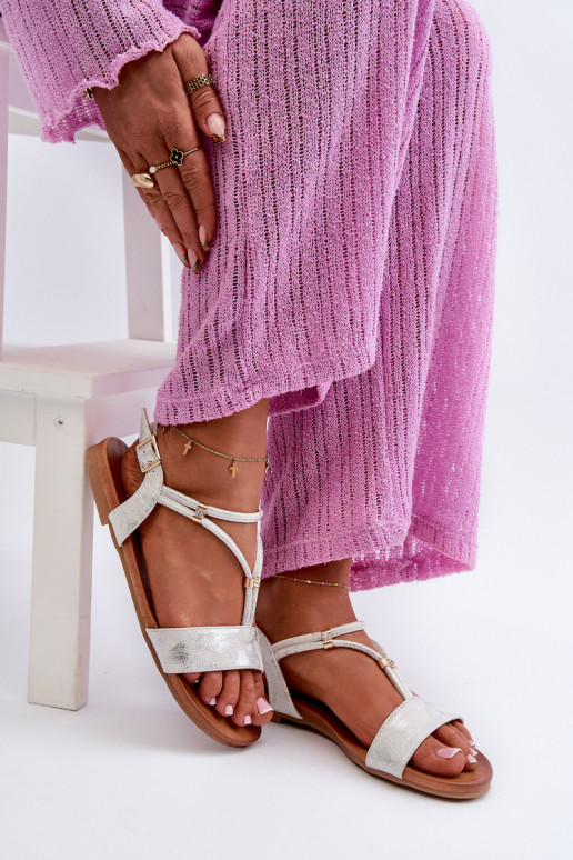 Femenino Sandalias planas con rayas S.Barski KV27-010 Blanco-color plata