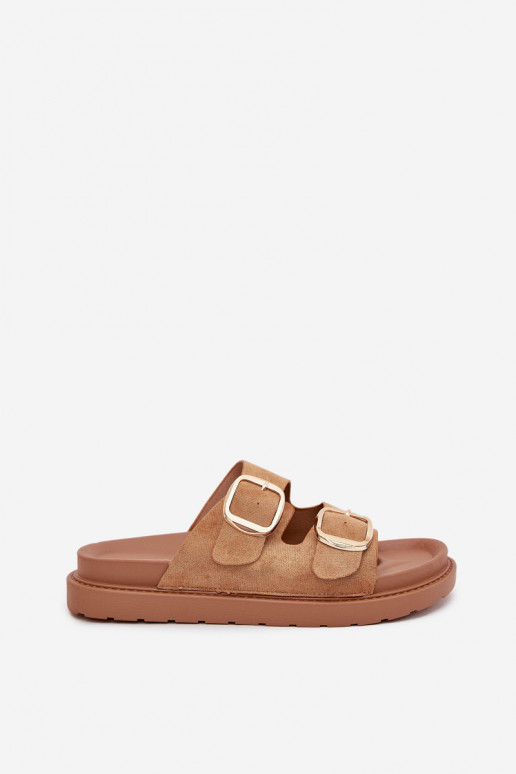 zapatillas de mujer con una plataforma Ze color doradomi con hebillasmi color marrón Verena