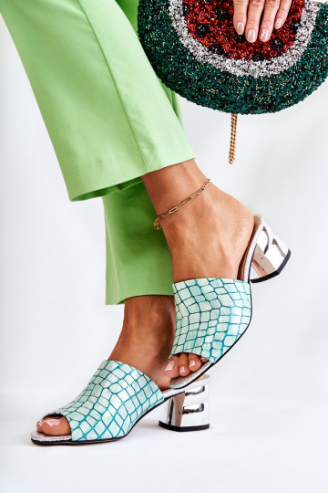 Zapatillas de cuero Femenino Patrón de cocodrilo con tacones verde claro Perry 2