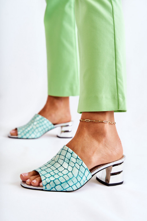 Zapatillas de cuero Femenino Patrón de cocodrilo con tacones verde claro Perry