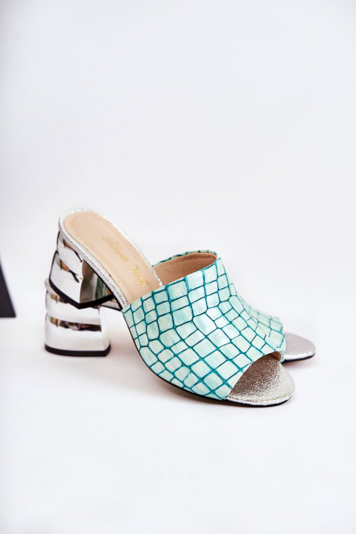 Zapatillas de cuero Femenino Patrón de cocodrilo con tacones verde claro Perry