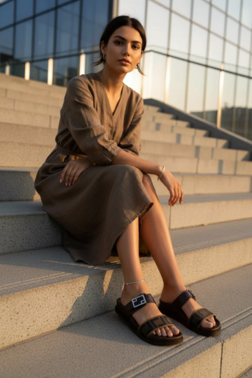 zapatillas de mujer con hebillas doradas color marrón Fiorisse 2