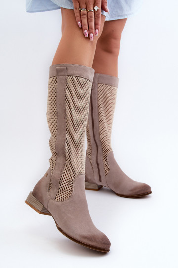 con elementos calados botas de mujer En un tacón bajoActivadoturalnego de gamuzau Tiene queciejka 06467-04 beige
