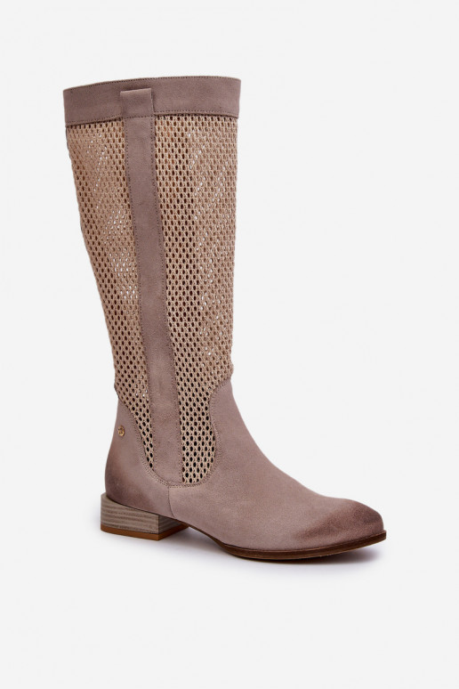 con elementos calados botas de mujer En un tacón bajoActivadoturalnego de gamuzau Tiene queciejka 06467-04 beige