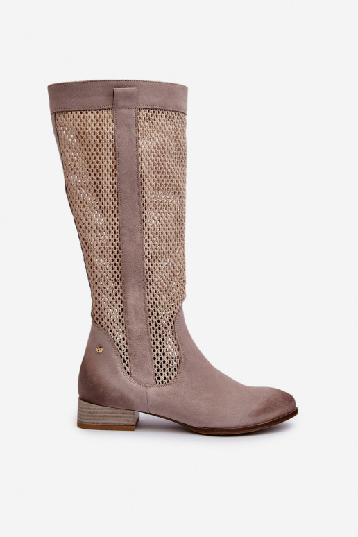 con elementos calados botas de mujer En un tacón bajoActivadoturalnego de gamuzau Tiene queciejka 06467-04 beige