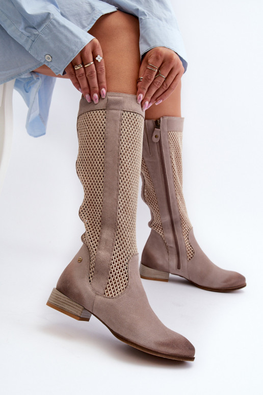 con elementos calados botas de mujer En un tacón bajoActivadoturalnego de gamuzau Tiene queciejka 06467-04 beige