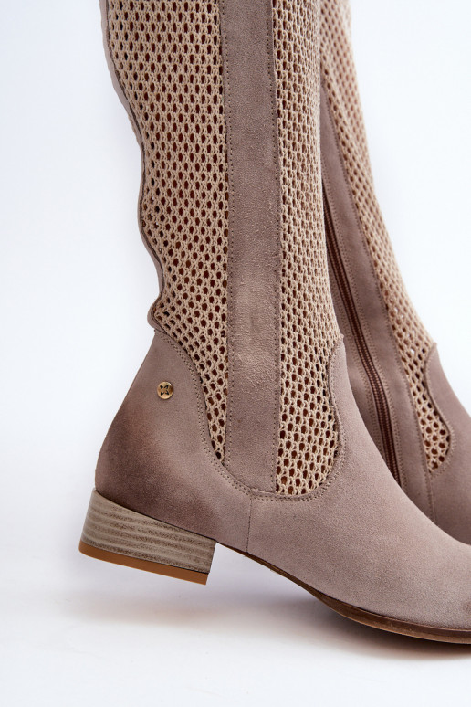 con elementos calados botas de mujer En un tacón bajoActivadoturalnego de gamuzau Tiene queciejka 06467-04 beige