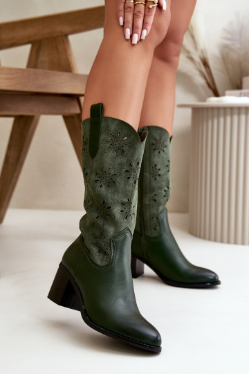 Femenino con elementos calados botas Mitad de la pantorrillade gamuza ecológicau color verde Nevilos