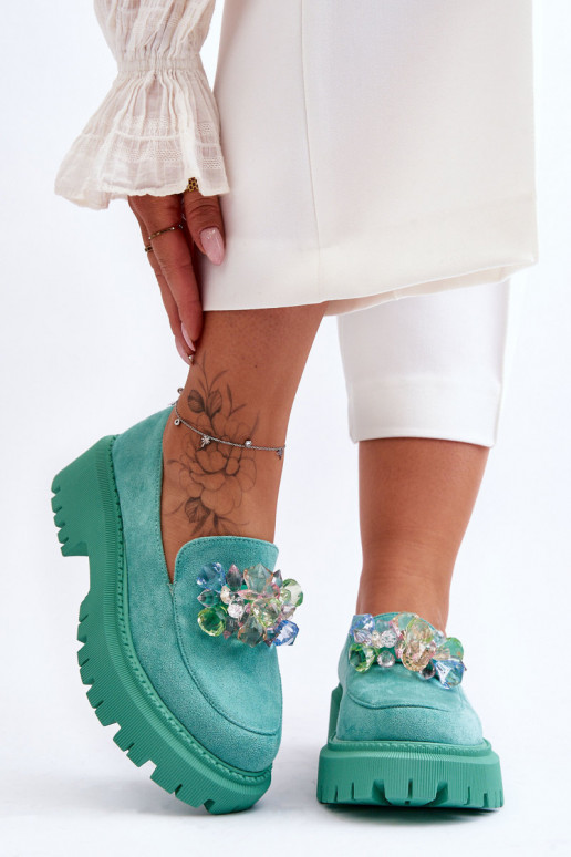 Mocasines de mujer con cristales artificiales. color verde Avril