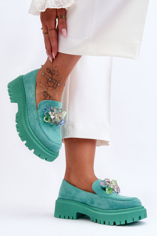 Mocasines de mujer con cristales artificiales. color verde Avril