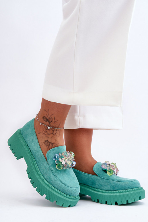Mocasines de mujer con cristales artificiales. color verde Avril