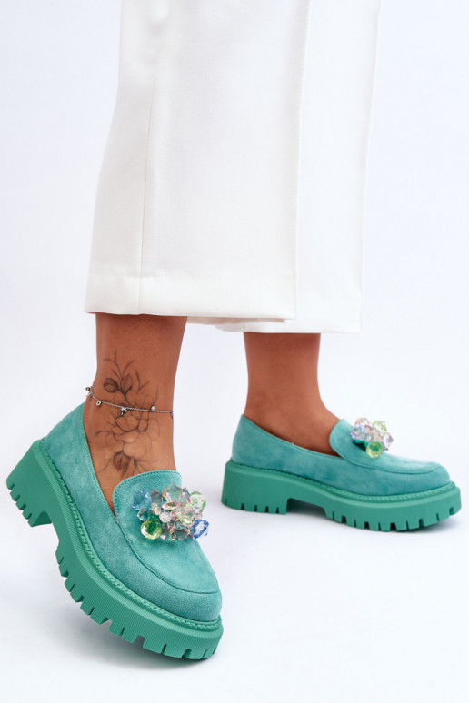Mocasines de mujer con cristales artificiales. color verde Avril