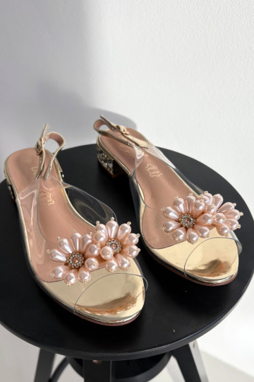 Sandalias transparentes de tacón bajo con detalles decorativos D&A MR52-229, color oro