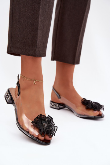 Sandalias transparentes negras D&A MR52-230 de tacón bajo con brillantes y decoración