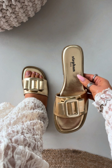 zapatillas de mujer con tacones anchos con hebillas color dorado Melivra 2