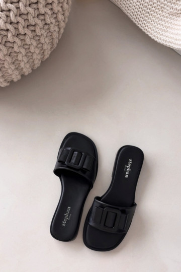 zapatillas de mujer con tacones anchos con hebillas de color negro Melivra 2