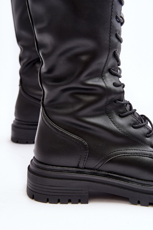 botas zapatos de flor de cerezo Femenino Mitad de la pantorrilla con cordones de color negro Elavettsa