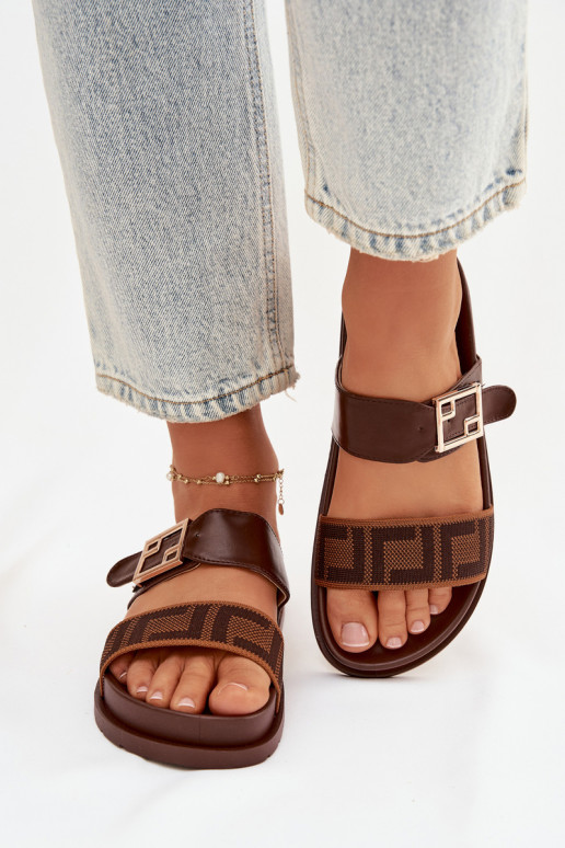 Zapatillas de mujer con hebillas doradas, color marrón