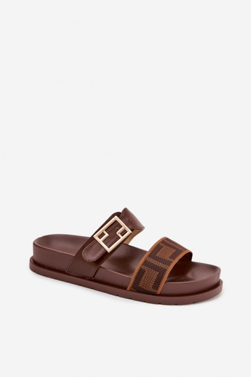 Zapatillas de mujer con hebillas doradas, color marrón