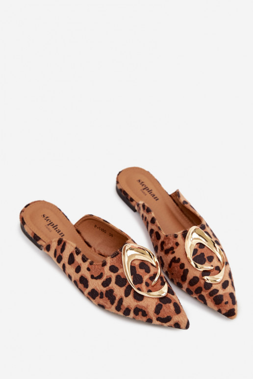 zapatillas de mujer Mule Con decoraciones color doradom Detalem con estampados de piel de leopardo Galvella