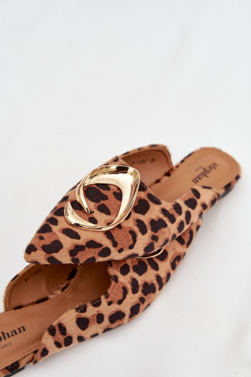 zapatillas de mujer Mule Con decoraciones color doradom Detalem con estampados de piel de leopardo Galvella
