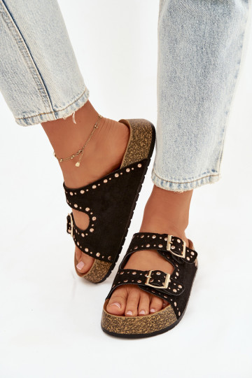 zapatillas de mujer Ze color doradomi con hebillasmi y sementales de color negro Tervina