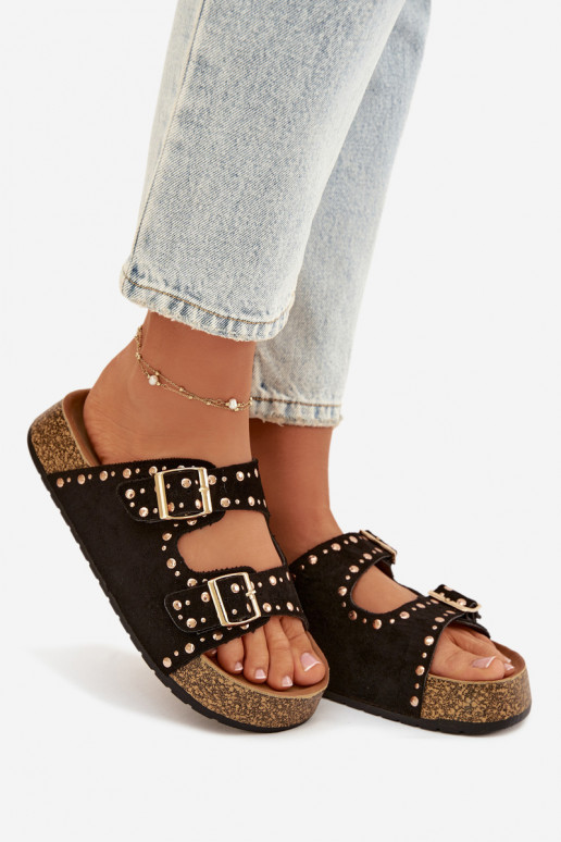 zapatillas de mujer Ze color doradomi con hebillasmi y sementales de color negro Tervina