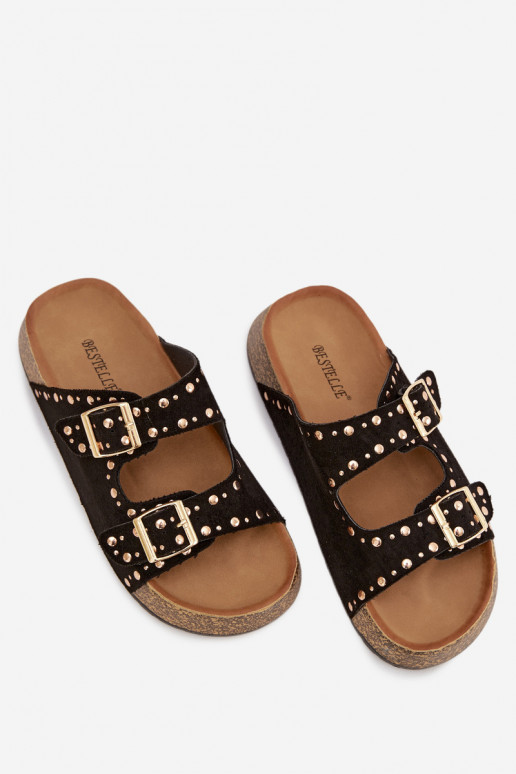 zapatillas de mujer Ze color doradomi con hebillasmi y sementales de color negro Tervina