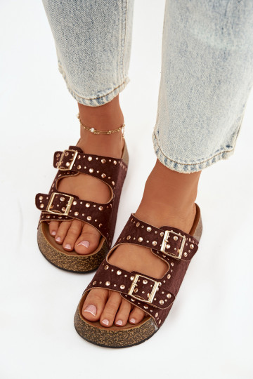 zapatillas de mujer Ze color doradomi con hebillasmi y sementales color marrón Tervina