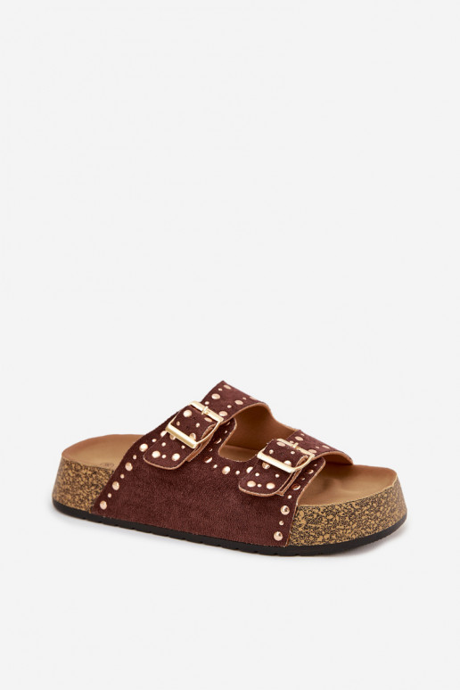 zapatillas de mujer Ze color doradomi con hebillasmi y sementales color marrón Tervina