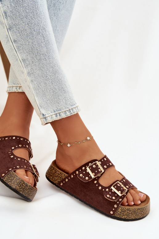 zapatillas de mujer Ze color doradomi con hebillasmi y sementales color marrón Tervina