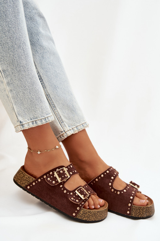 zapatillas de mujer Ze color doradomi con hebillasmi y sementales color marrón Tervina