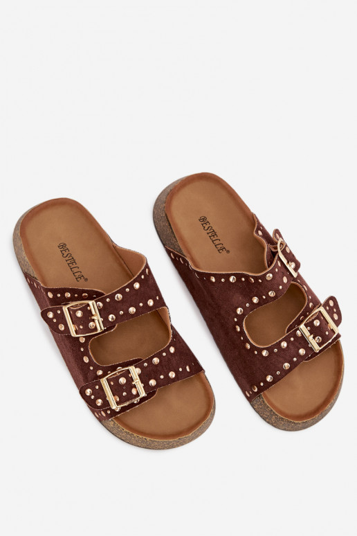 zapatillas de mujer Ze color doradomi con hebillasmi y sementales color marrón Tervina