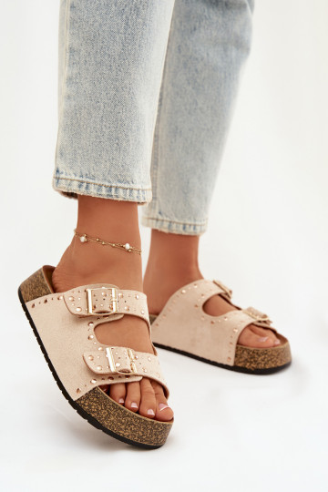 zapatillas de mujer Ze color doradomi con hebillasmi y sementales color marfil Tervina