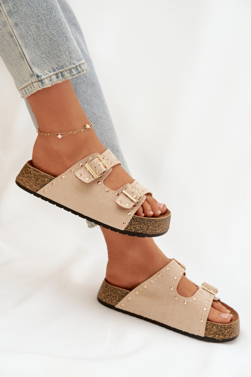 zapatillas de mujer Ze color doradomi con hebillasmi y sementales color marfil Tervina