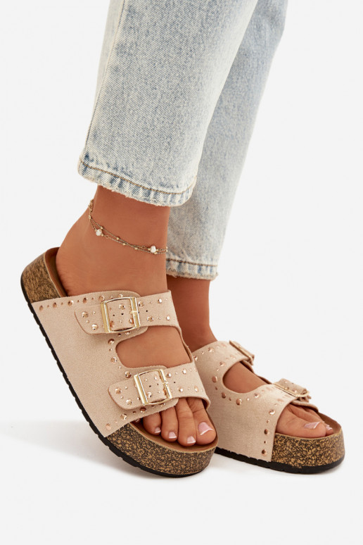 zapatillas de mujer Ze color doradomi con hebillasmi y sementales color marfil Tervina