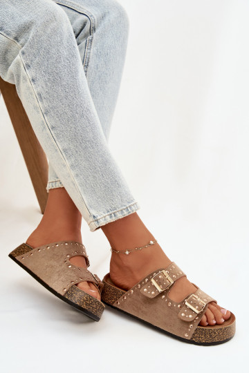 zapatillas de mujer Ze color doradomi con hebillasmi y sementales de color caqui Tervina