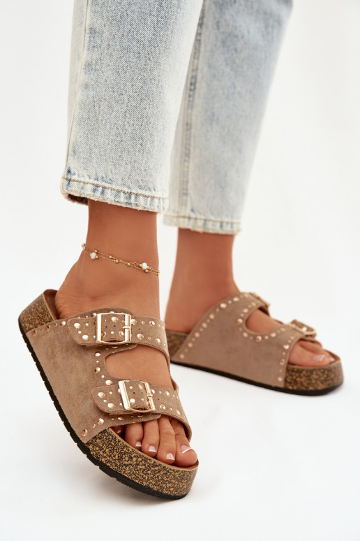 zapatillas de mujer Ze color doradomi con hebillasmi y sementales de color caqui Tervina