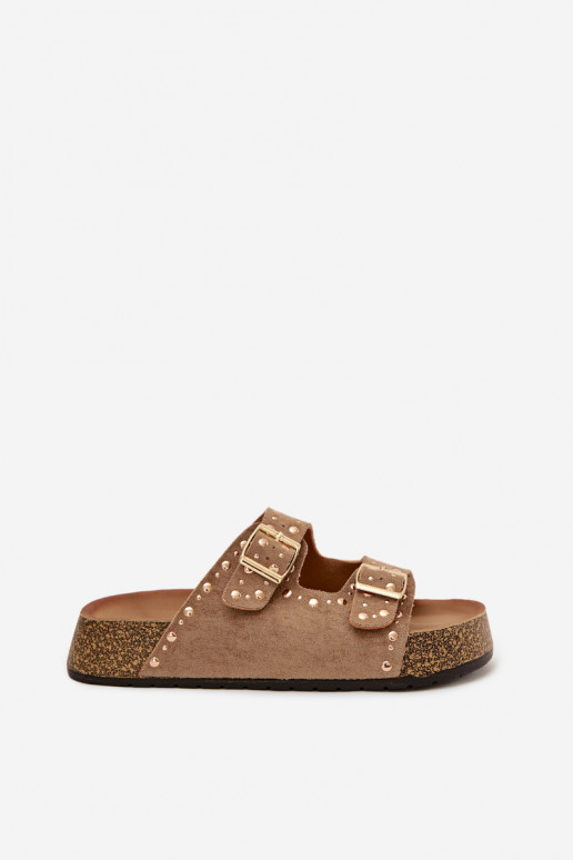 zapatillas de mujer Ze color doradomi con hebillasmi y sementales de color caqui Tervina