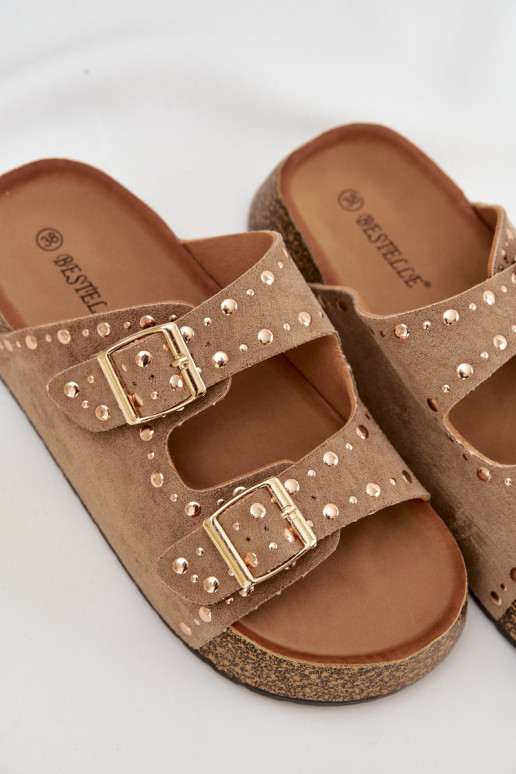 zapatillas de mujer Ze color doradomi con hebillasmi y sementales de color caqui Tervina