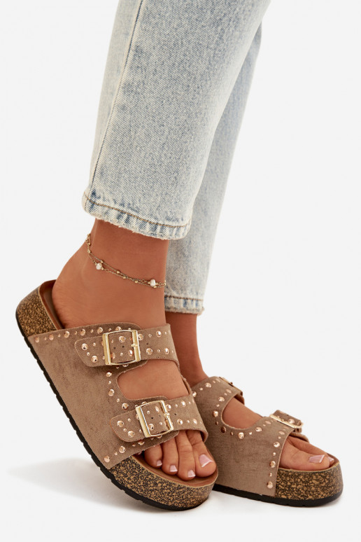 zapatillas de mujer Ze color doradomi con hebillasmi y sementales de color caqui Tervina