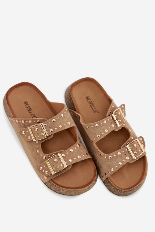 zapatillas de mujer Ze color doradomi con hebillasmi y sementales de color caqui Tervina