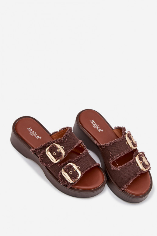 zapatillas de mujer con una plataforma Ze color doradomi con hebillasmi CzekoladoAe Renelisse