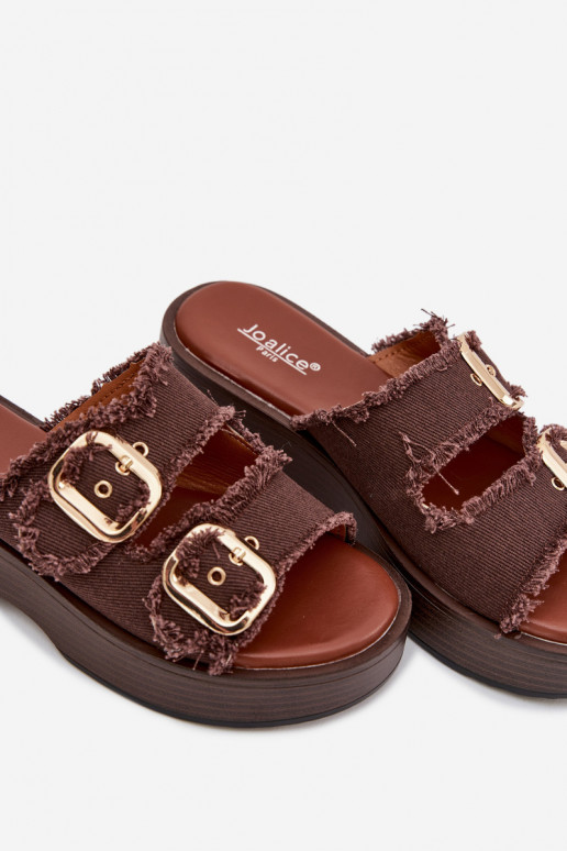 zapatillas de mujer con una plataforma Ze color doradomi con hebillasmi CzekoladoAe Renelisse