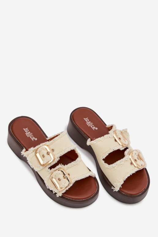 zapatillas de mujer con una plataforma Ze color doradomi con hebillasmi color marfil Renelisse