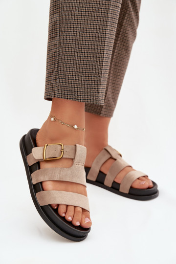 Chanclas de mujer tipo mule con borlas color coral y chocolate