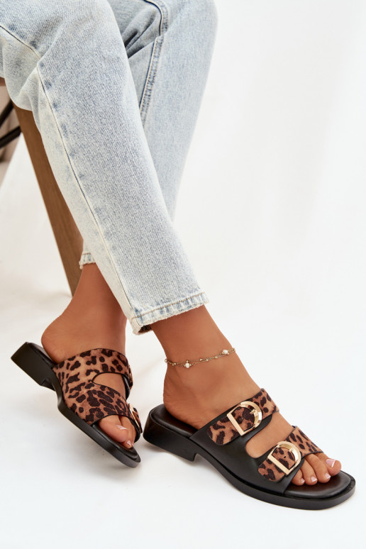 zapatillas de mujer Ze color doradomi con hebillasmi con estampados de piel de leopardo negro y marrón Danelle