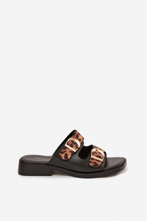 zapatillas de mujer Ze color doradomi con hebillasmi con estampados de piel de leopardo negro y marrón Danelle