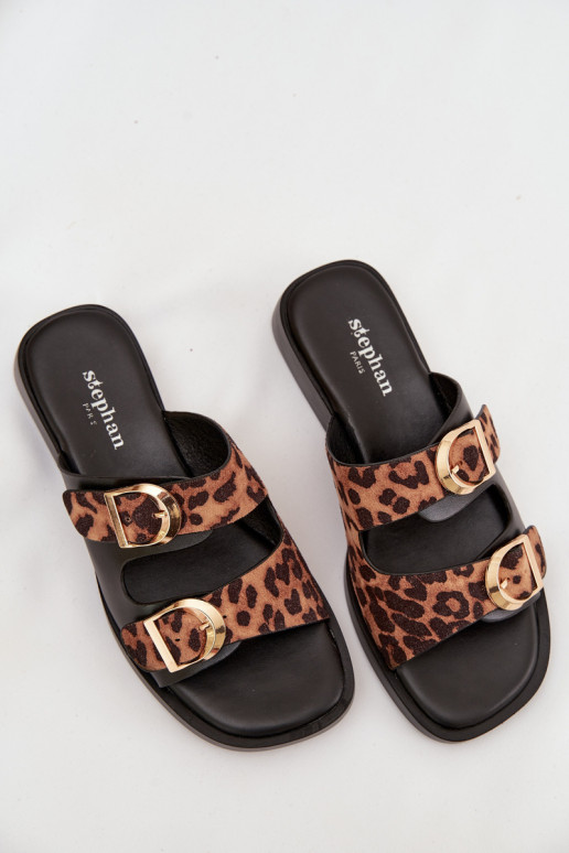 zapatillas de mujer Ze color doradomi con hebillasmi con estampados de piel de leopardo negro y marrón Danelle