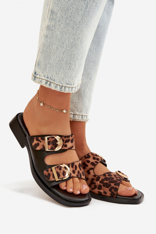 zapatillas de mujer Ze color doradomi con hebillasmi con estampados de piel de leopardo negro y marrón Danelle